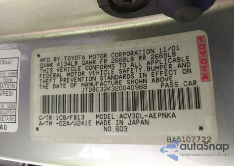 2002 Toyota Camry Le z USA, uszkodzony, nr VIN JTDBE32K320040988